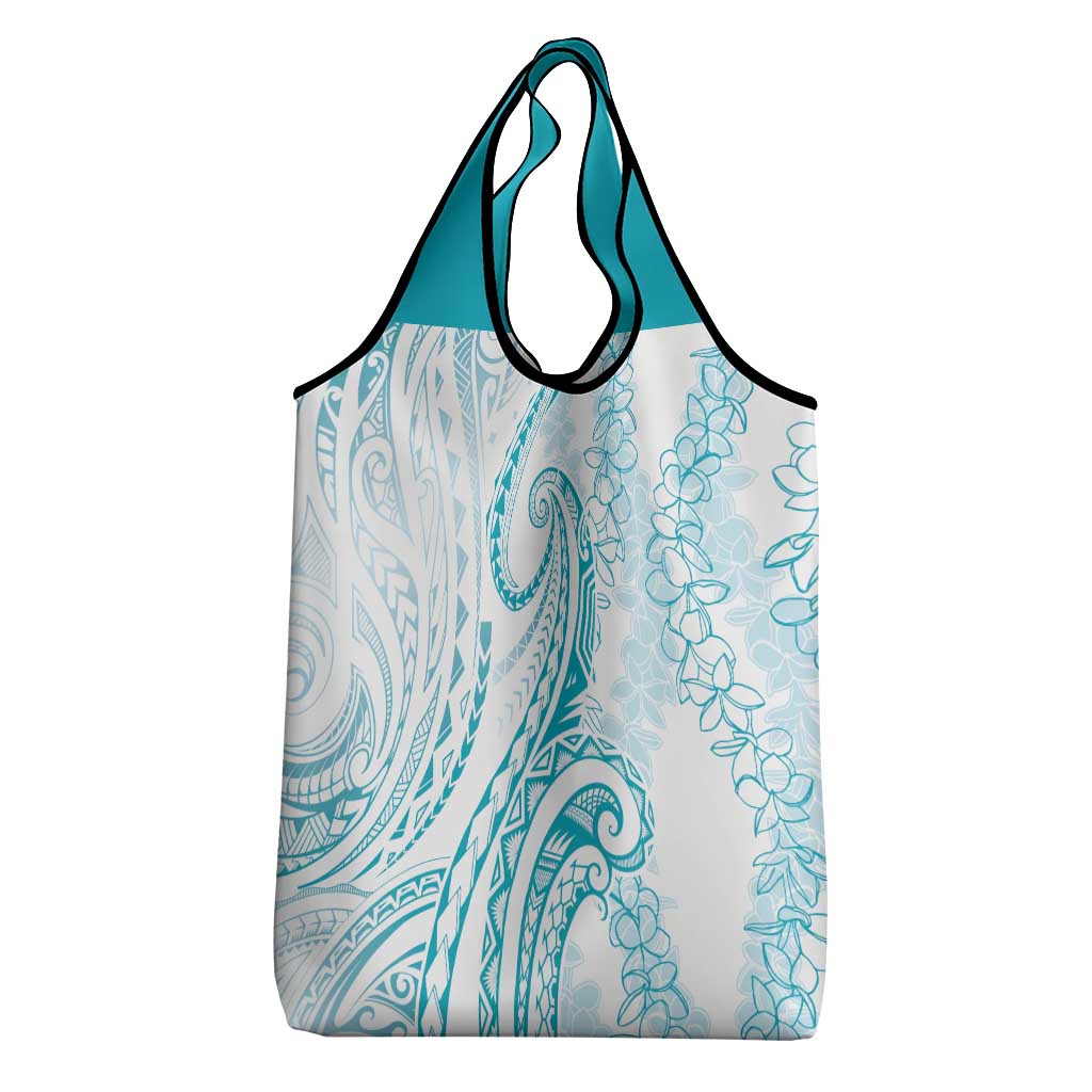 Polynesia Plumeria Lei Grocery Bag White Turquoise Curves Motif
