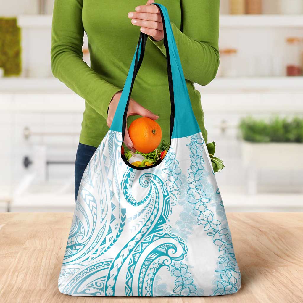 Polynesia Plumeria Lei Grocery Bag White Turquoise Curves Motif