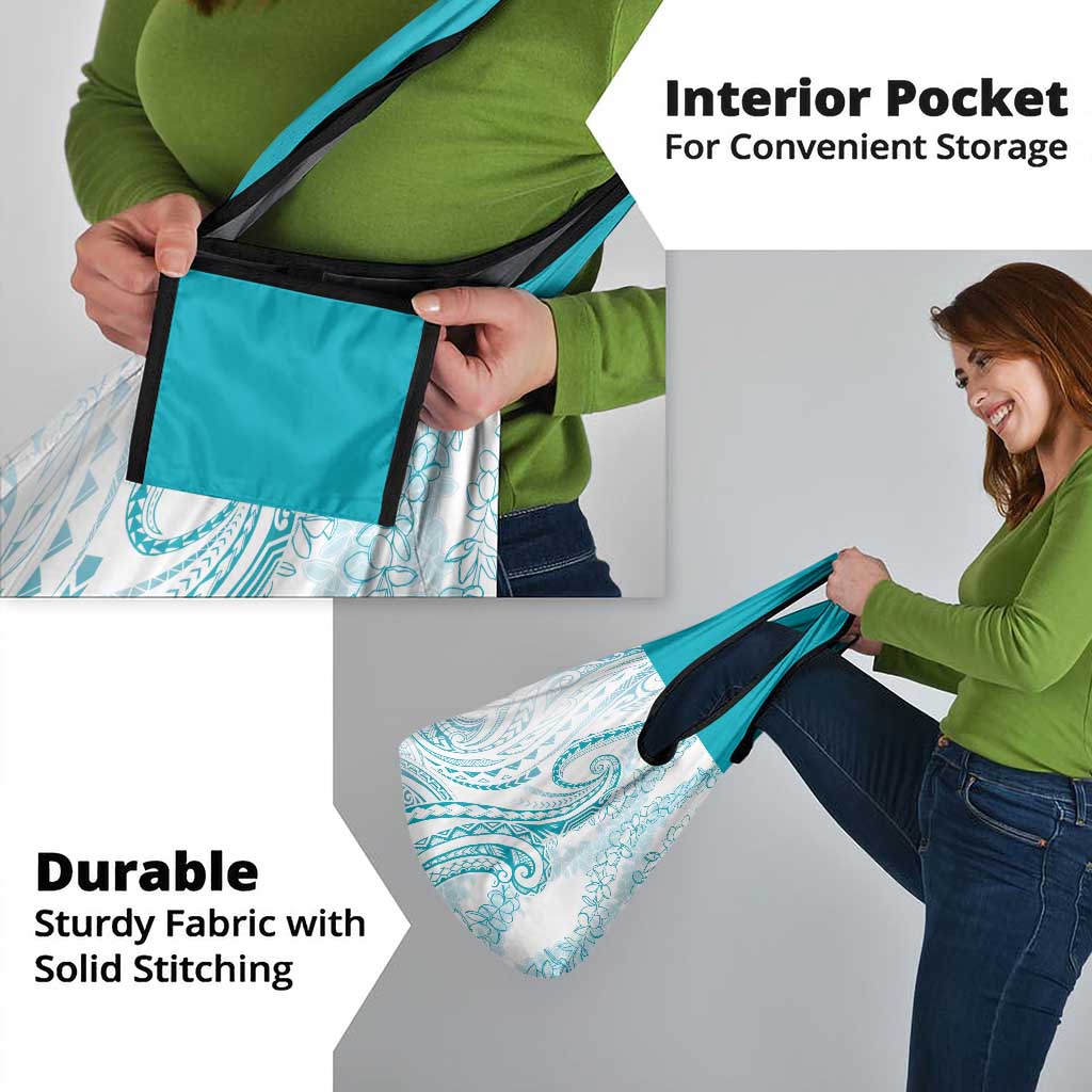 Polynesia Plumeria Lei Grocery Bag White Turquoise Curves Motif