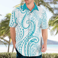 Polynesia Plumeria Lei Hawaiian Shirt White Turquoise Curves Motif