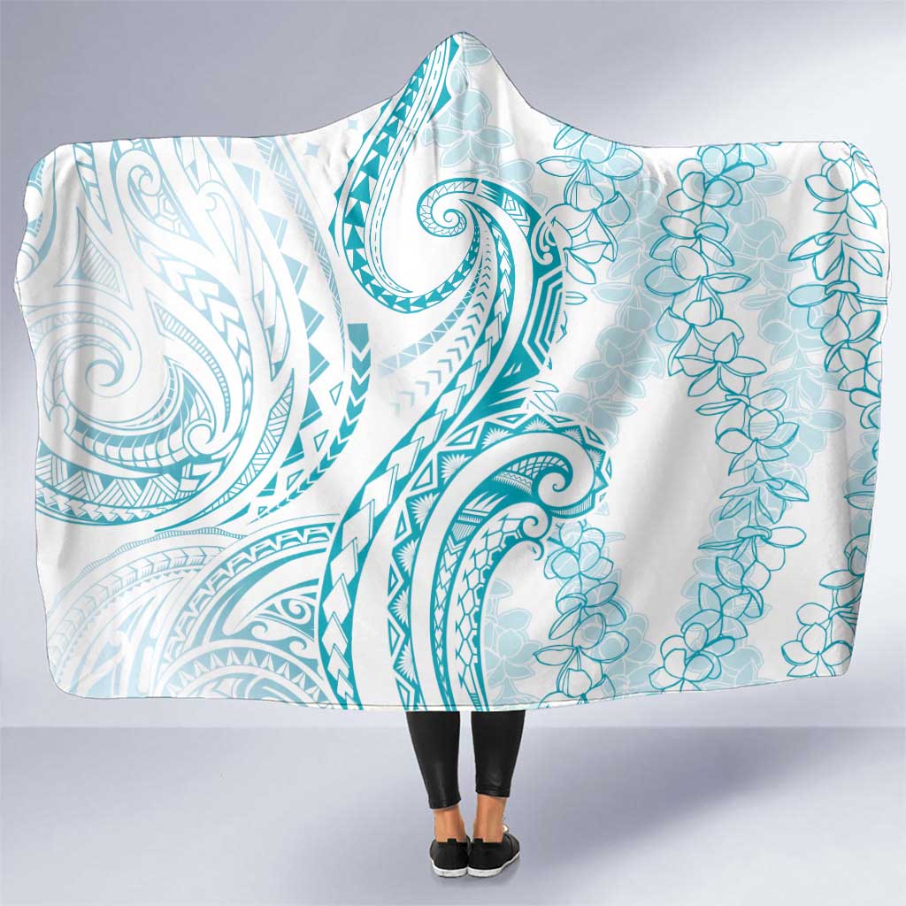 Polynesia Plumeria Lei Hooded Blanket White Turquoise Curves Motif LT7 One Size Turquoise - Polynesian Pride