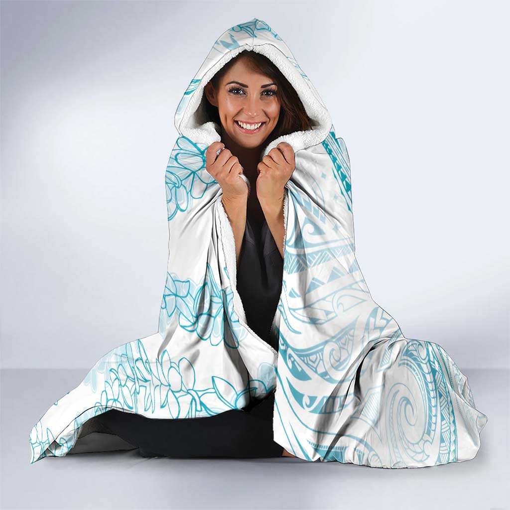 Polynesia Plumeria Lei Hooded Blanket White Turquoise Curves Motif