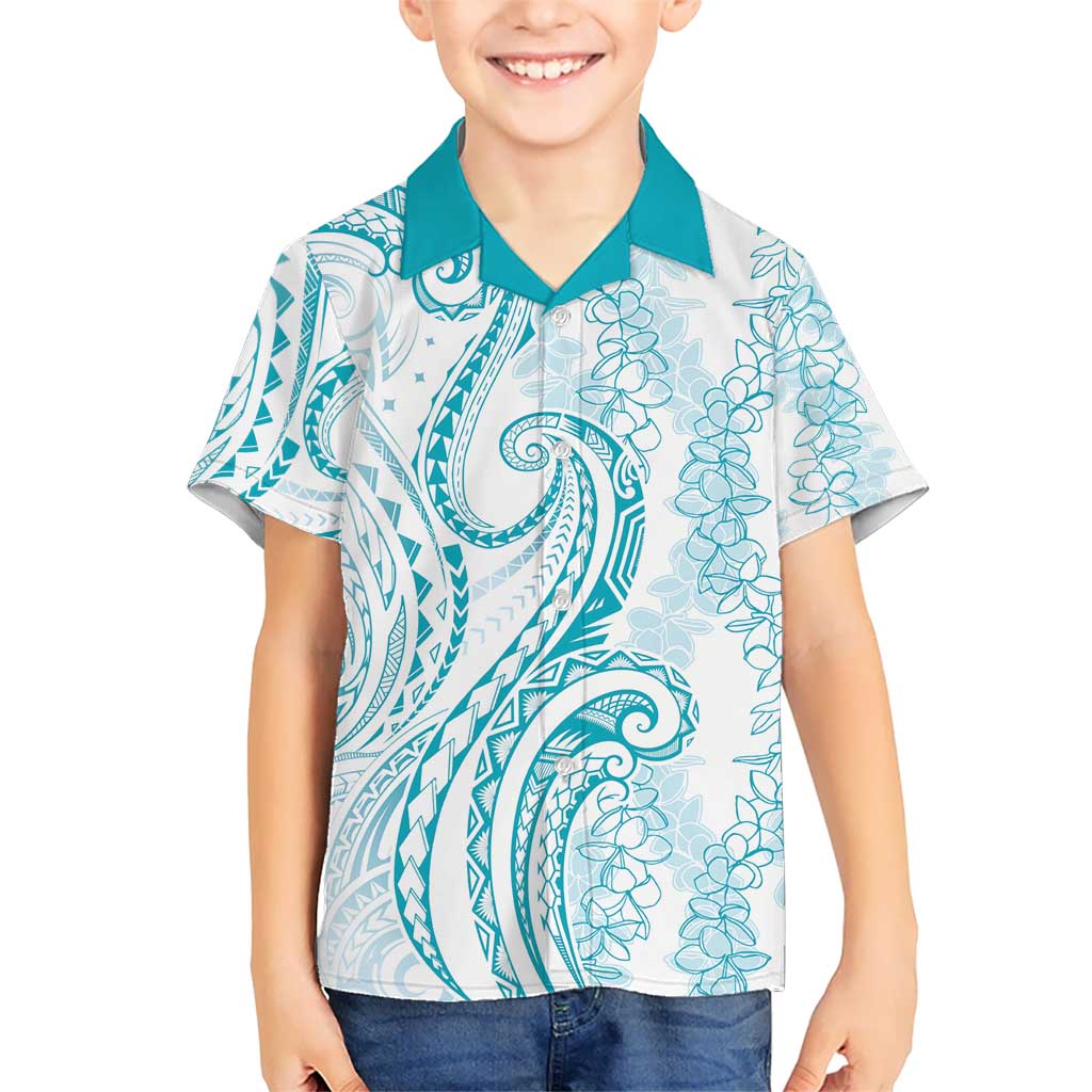 Polynesia Plumeria Lei Kid Hawaiian Shirt White Turquoise Curves Motif