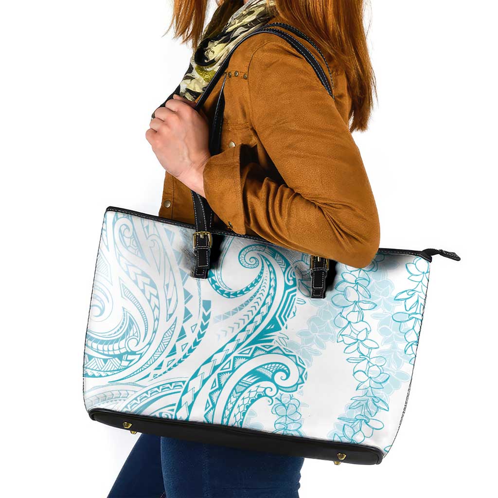 Polynesia Plumeria Lei Leather Tote Bag White Turquoise Curves Motif LT7 Turquoise - Polynesian Pride