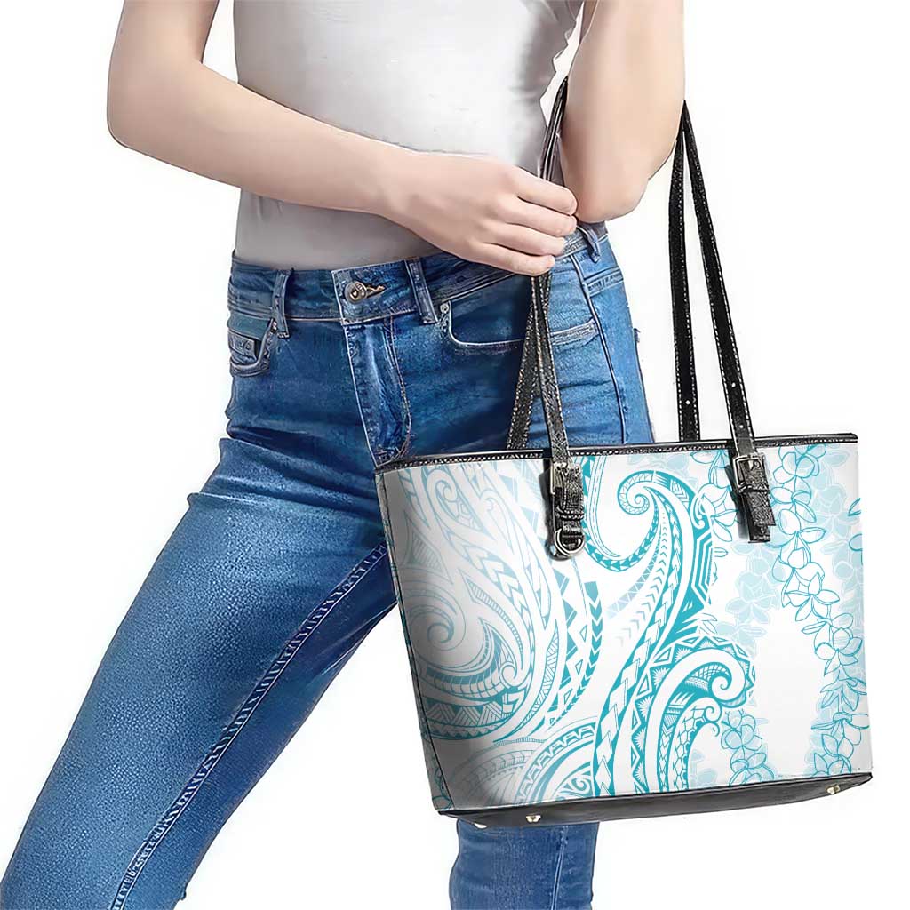 Polynesia Plumeria Lei Leather Tote Bag White Turquoise Curves Motif