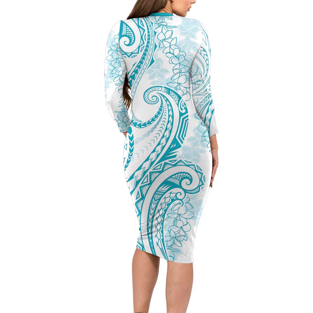 Polynesia Plumeria Lei Long Sleeve Bodycon Dress White Turquoise Curves Motif