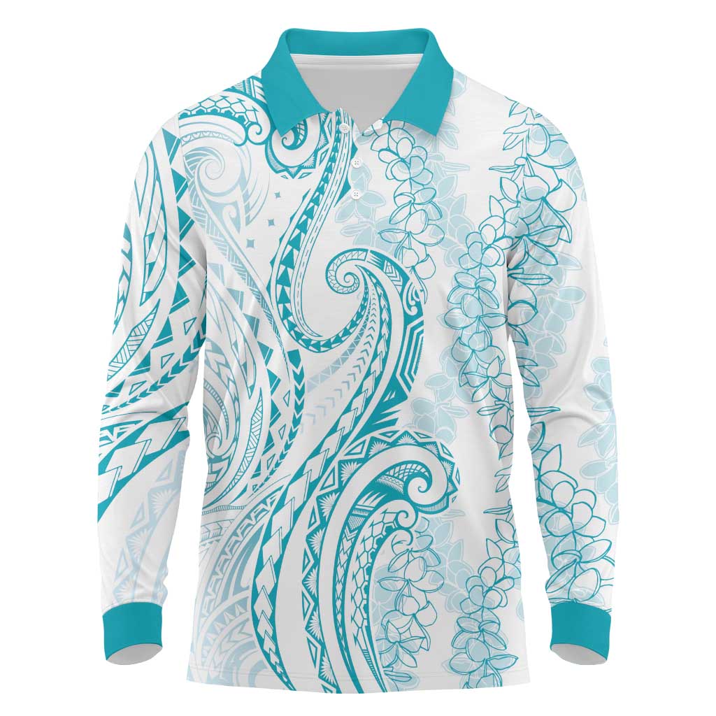 Polynesia Plumeria Lei Long Sleeve Polo Shirt White Turquoise Curves Motif