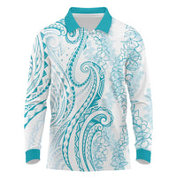 Polynesia Plumeria Lei Long Sleeve Polo Shirt White Turquoise Curves Motif