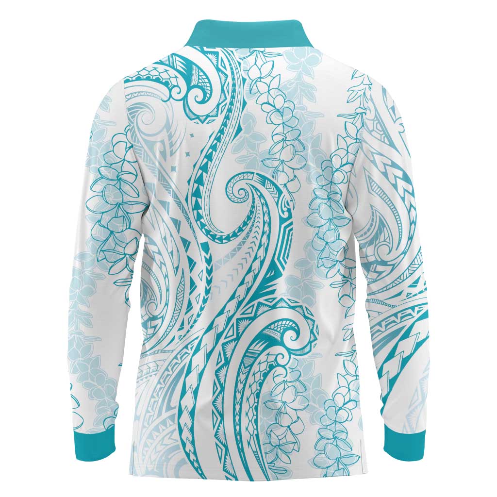 Polynesia Plumeria Lei Long Sleeve Polo Shirt White Turquoise Curves Motif