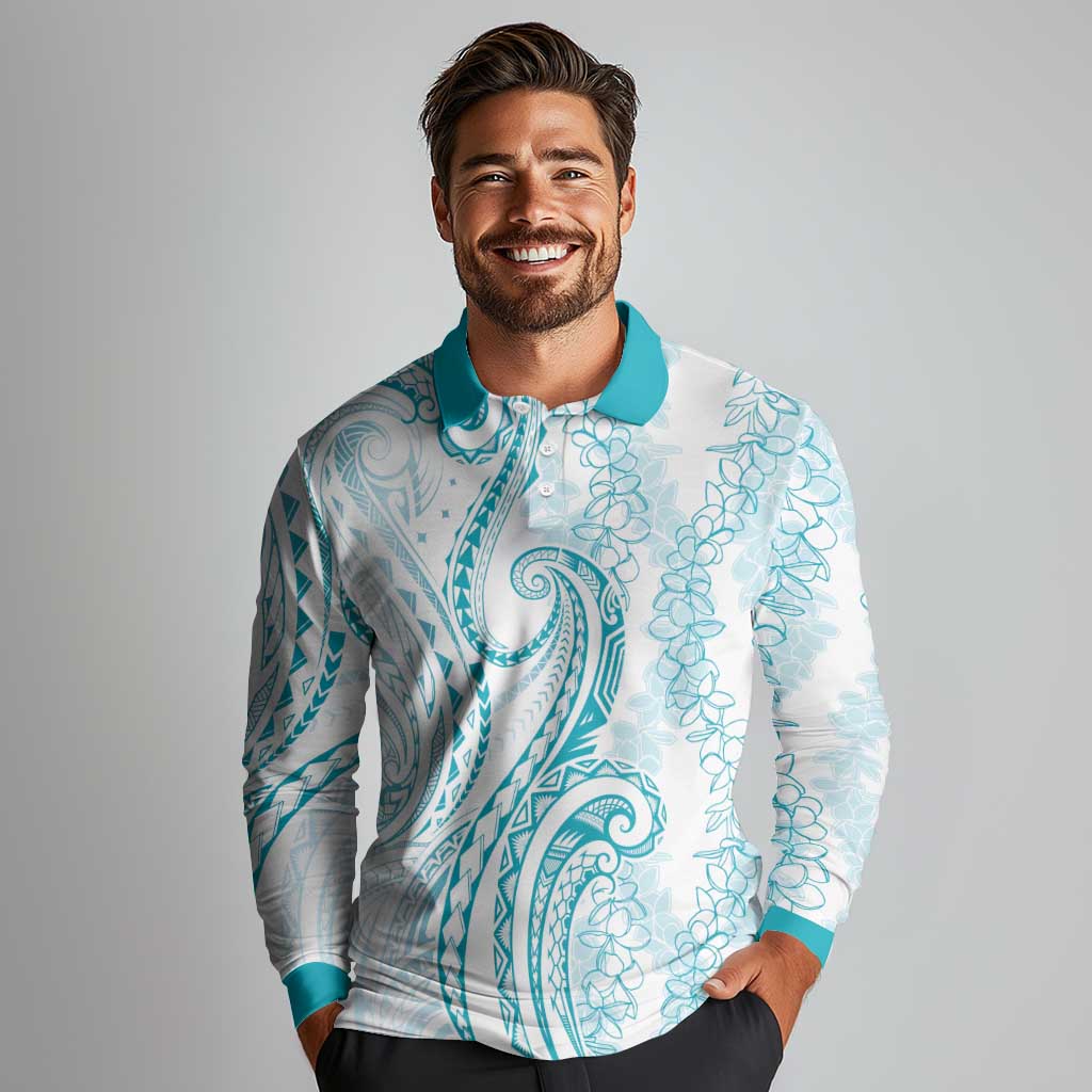 Polynesia Plumeria Lei Long Sleeve Polo Shirt White Turquoise Curves Motif