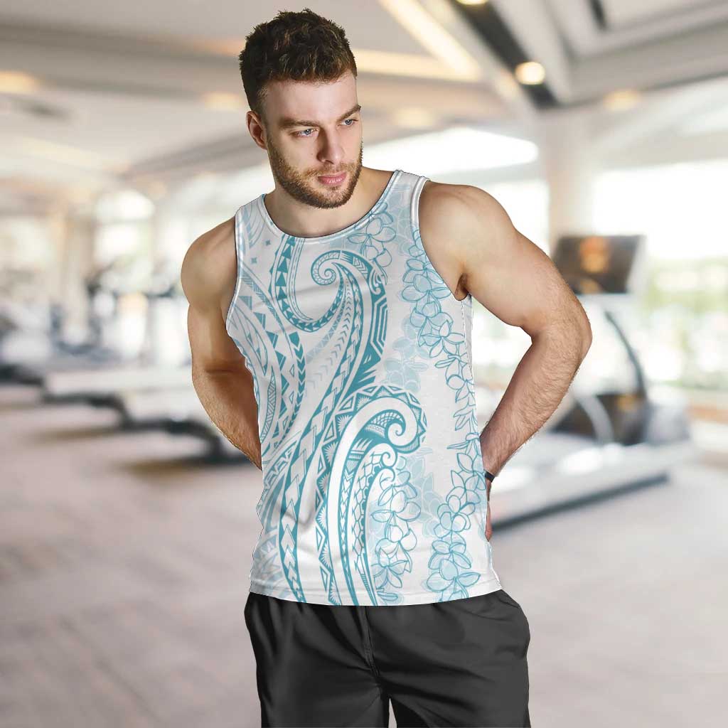 Polynesia Plumeria Lei Men Tank Top White Turquoise Curves Motif