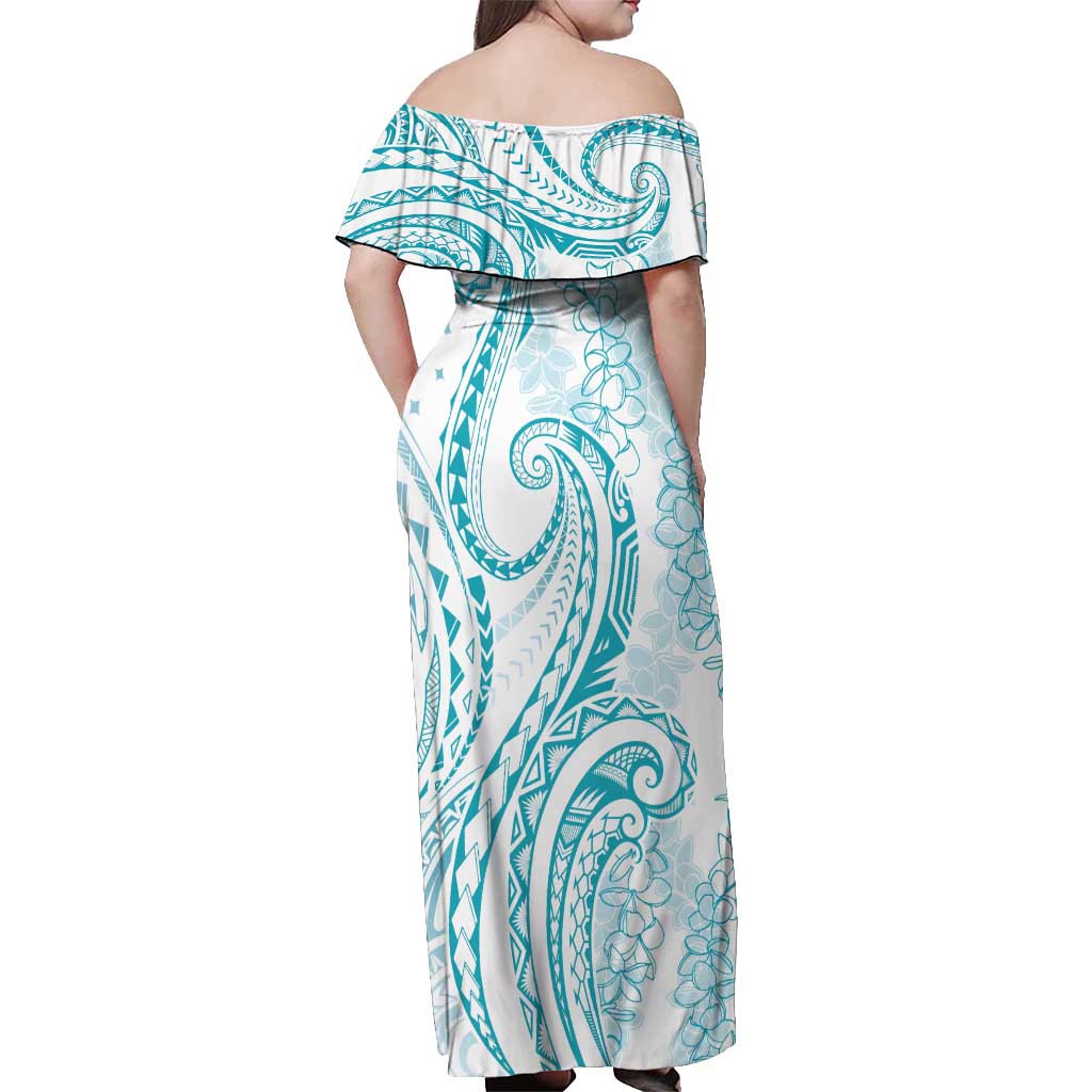 Polynesia Plumeria Lei Off Shoulder Maxi Dress White Turquoise Curves Motif