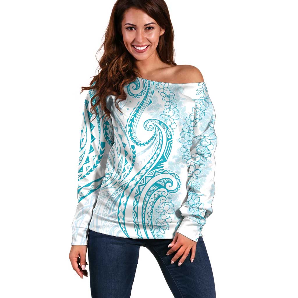 Polynesia Plumeria Lei Off Shoulder Sweater White Turquoise Curves Motif