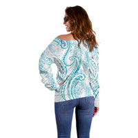Polynesia Plumeria Lei Off Shoulder Sweater White Turquoise Curves Motif
