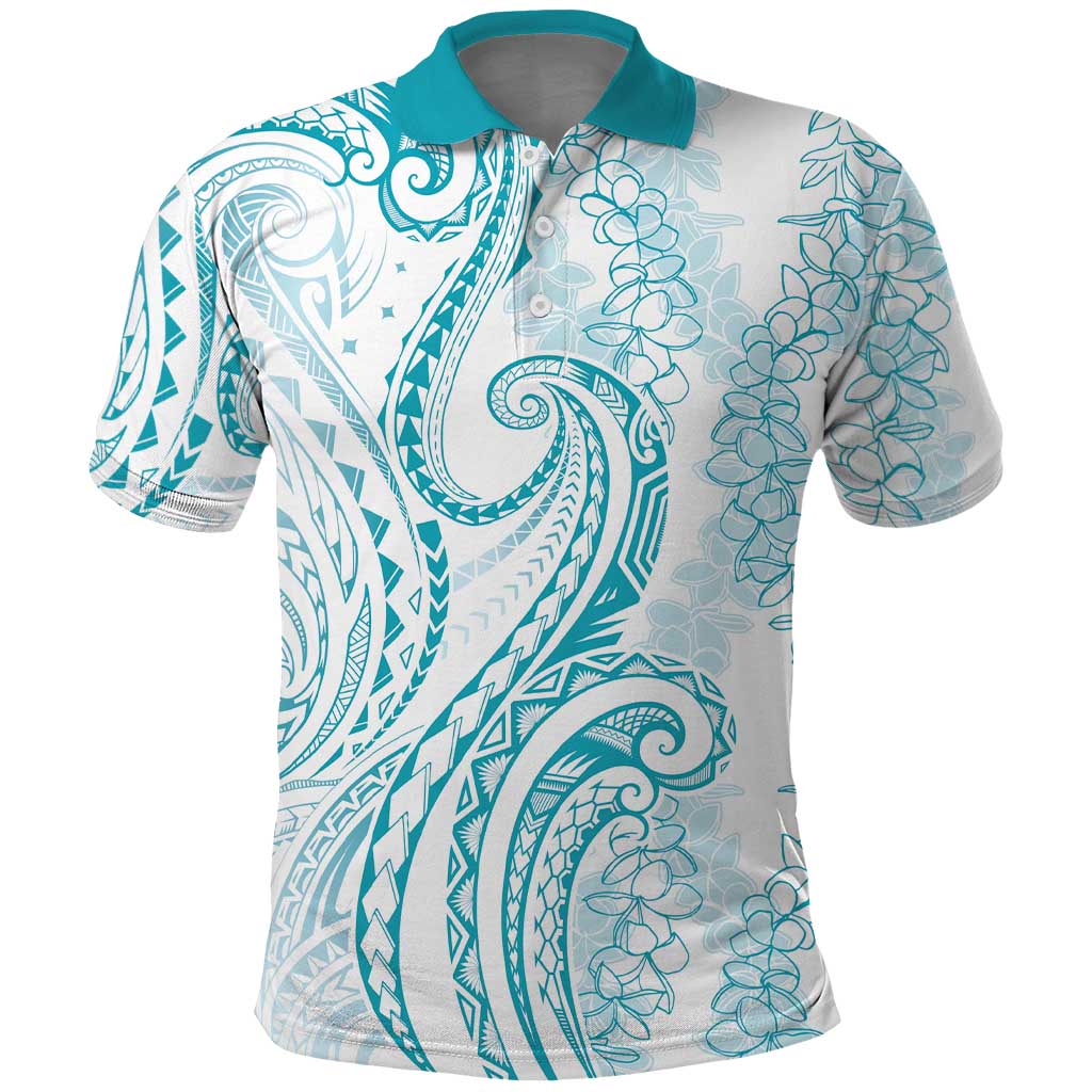 Polynesia Plumeria Lei Polo Shirt White Turquoise Curves Motif LT7 Turquoise - Polynesian Pride