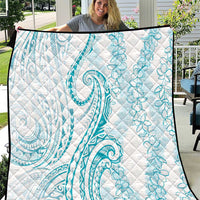 Polynesia Plumeria Lei Quilt White Turquoise Curves Motif