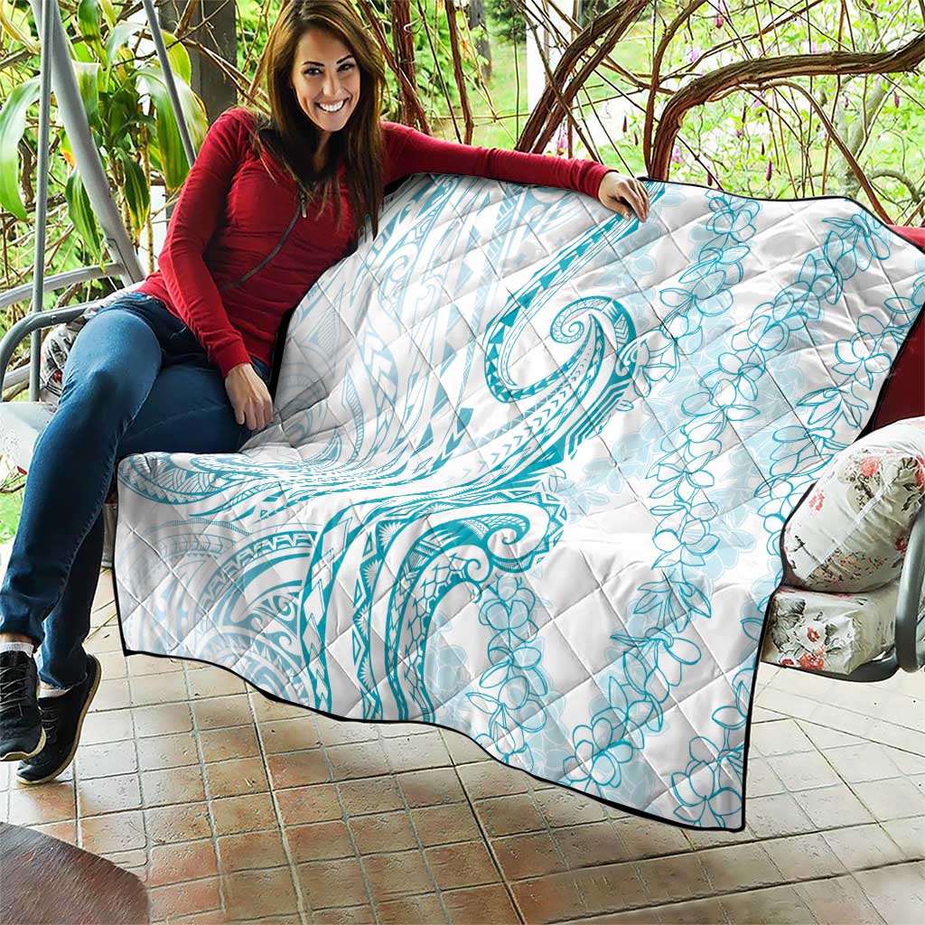 Polynesia Plumeria Lei Quilt White Turquoise Curves Motif