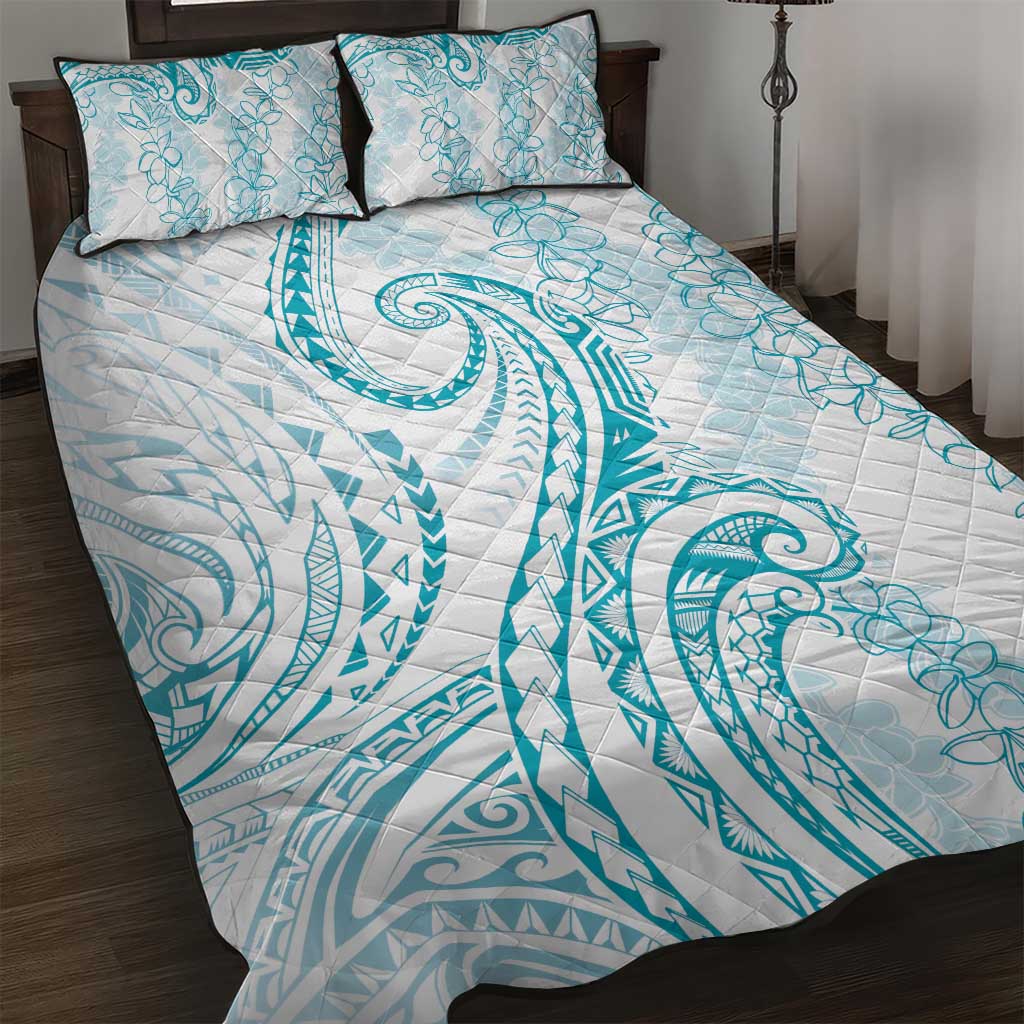 Polynesia Plumeria Lei Quilt Bed Set White Turquoise Curves Motif LT7 Turquoise - Polynesian Pride