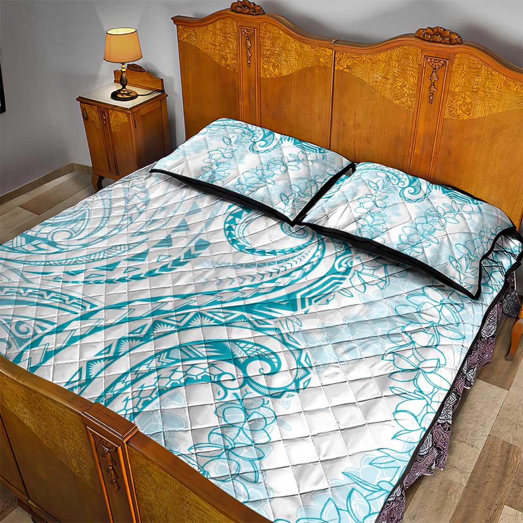 Polynesia Plumeria Lei Quilt Bed Set White Turquoise Curves Motif