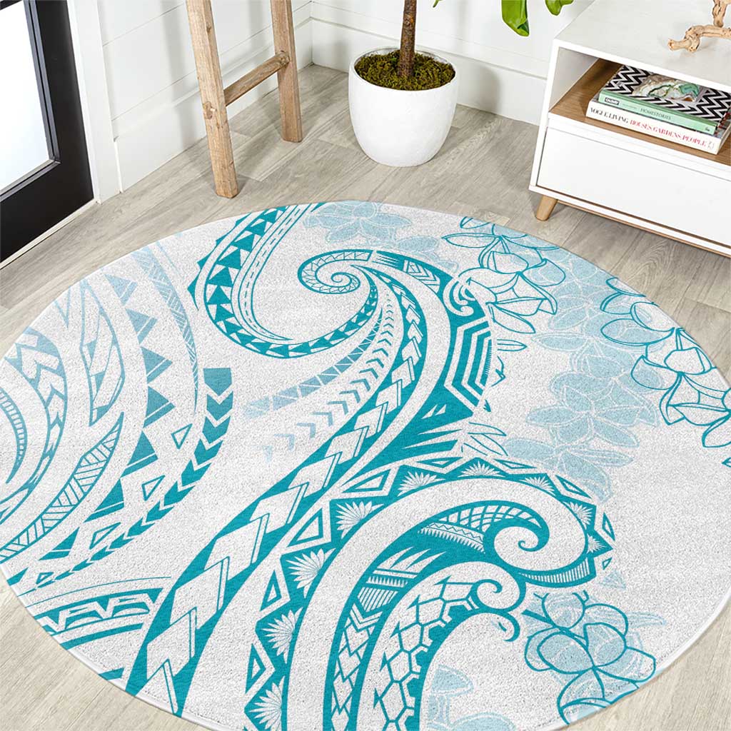 Polynesia Plumeria Lei Round Carpet White Turquoise Curves Motif LT7 Turquoise - Polynesian Pride