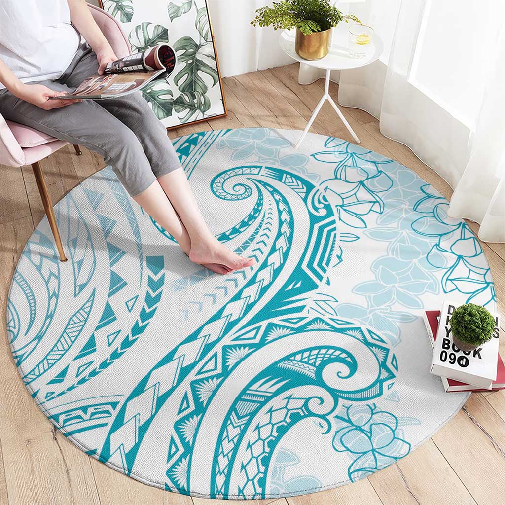 Polynesia Plumeria Lei Round Carpet White Turquoise Curves Motif