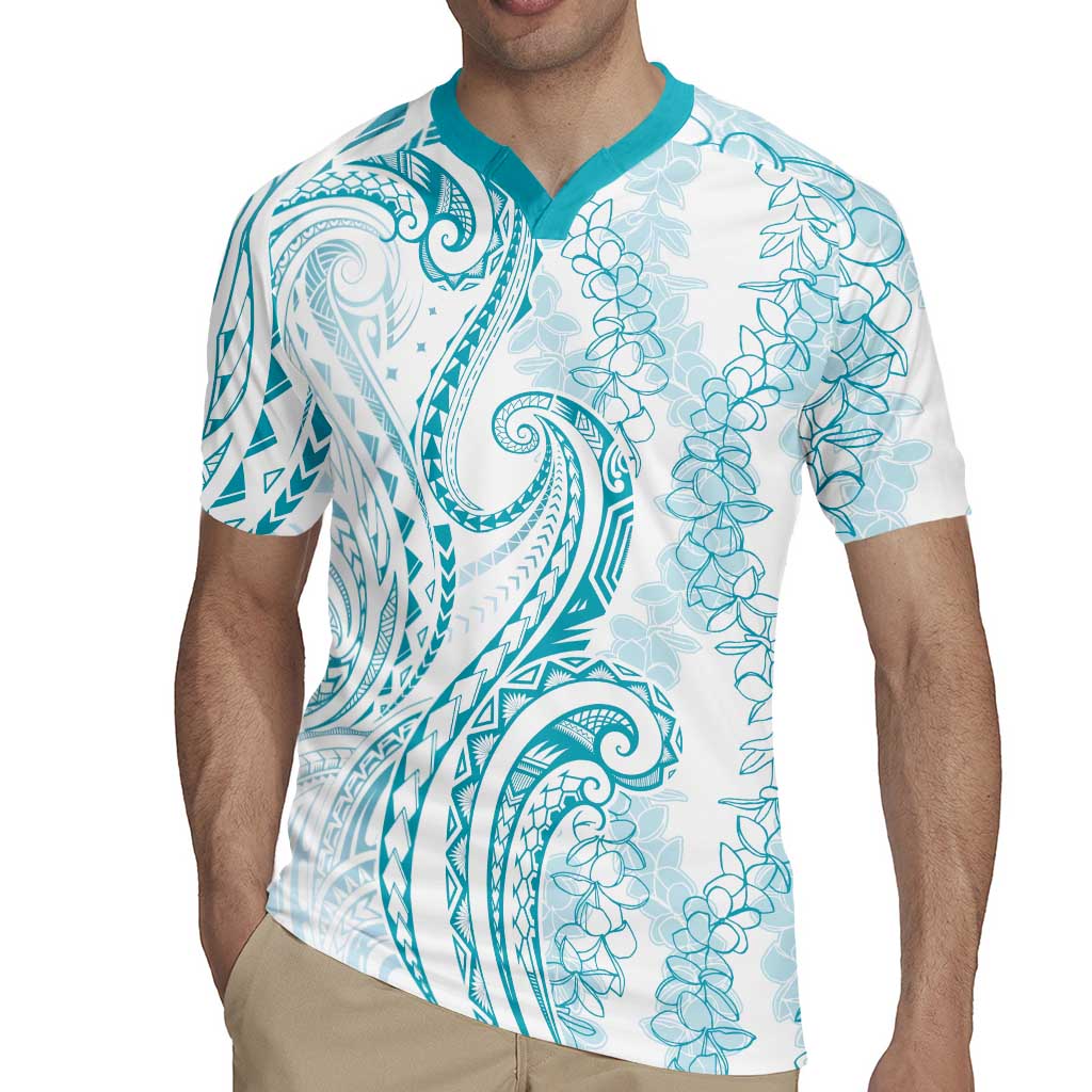 Polynesia Plumeria Lei Rugby Jersey White Turquoise Curves Motif