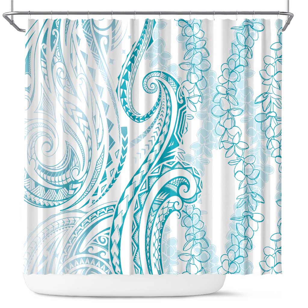Polynesia Plumeria Lei Shower Curtain White Turquoise Curves Motif LT7 Turquoise - Polynesian Pride
