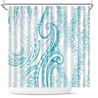 Polynesia Plumeria Lei Shower Curtain White Turquoise Curves Motif