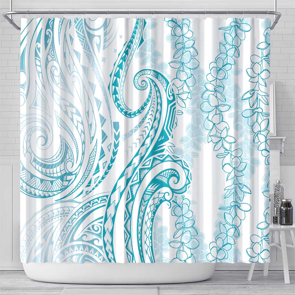 Polynesia Plumeria Lei Shower Curtain White Turquoise Curves Motif