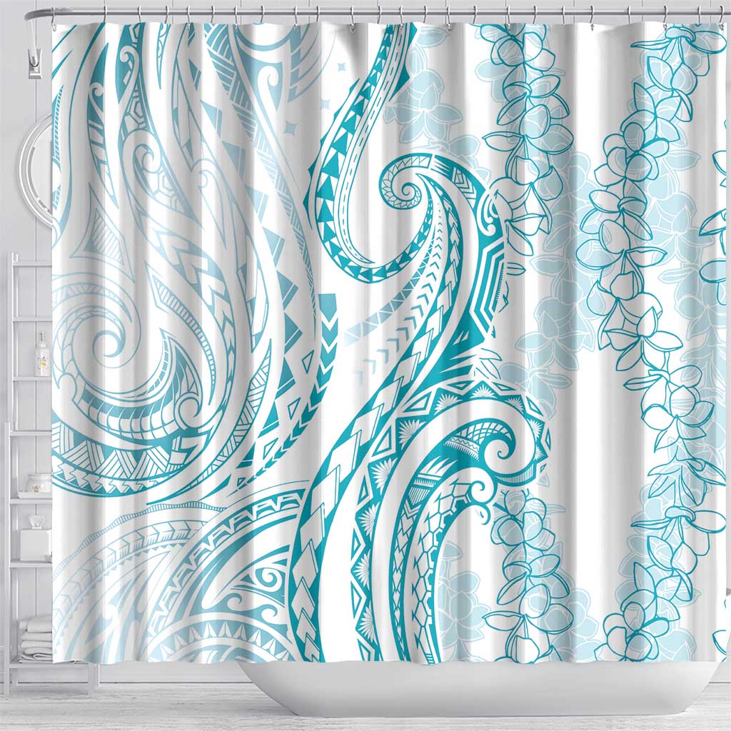 Polynesia Plumeria Lei Shower Curtain White Turquoise Curves Motif