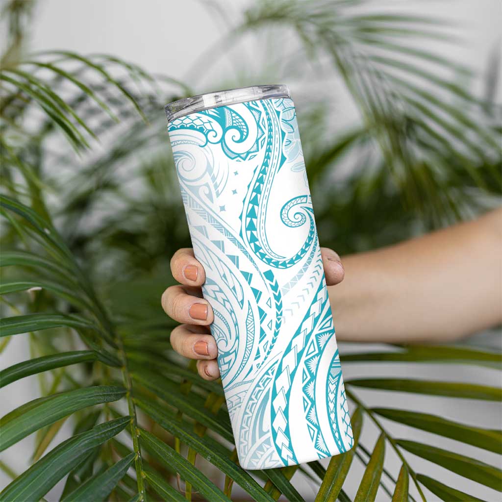 Polynesia Plumeria Lei Skinny Tumbler White Turquoise Curves Motif LT7 - Polynesian Pride