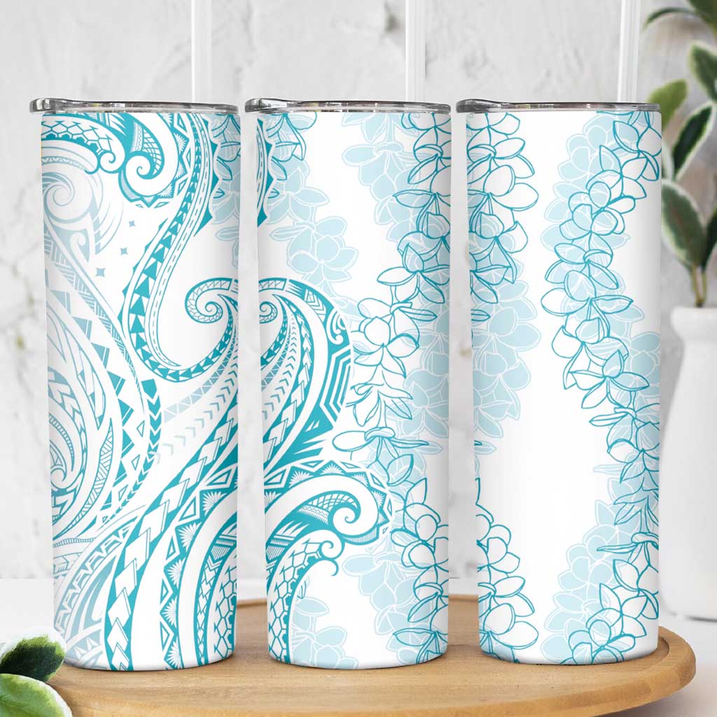 Polynesia Plumeria Lei Skinny Tumbler White Turquoise Curves Motif LT7 - Polynesian Pride