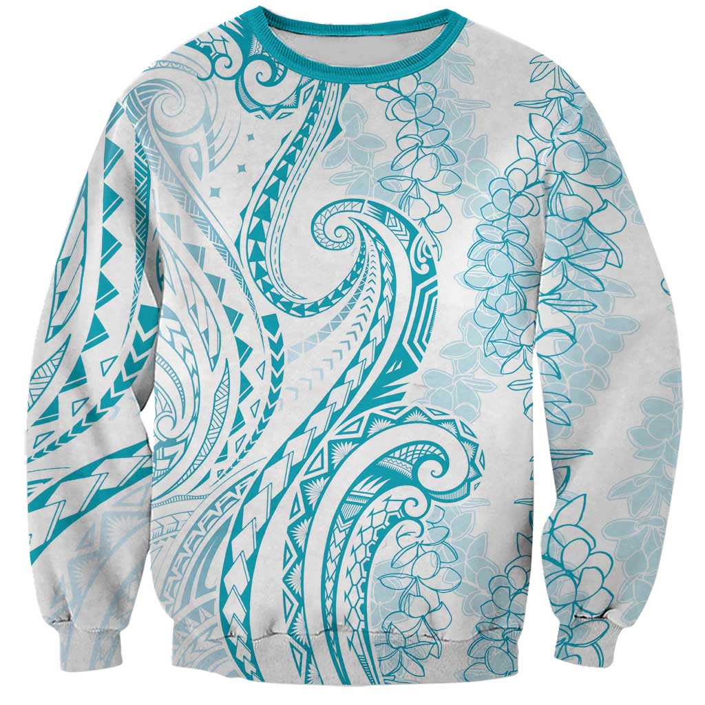 Polynesia Plumeria Lei Sweatshirt White Turquoise Curves Motif