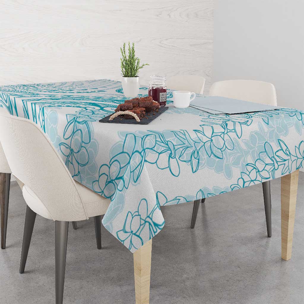 Polynesia Plumeria Lei Tablecloth White Turquoise Curves Motif