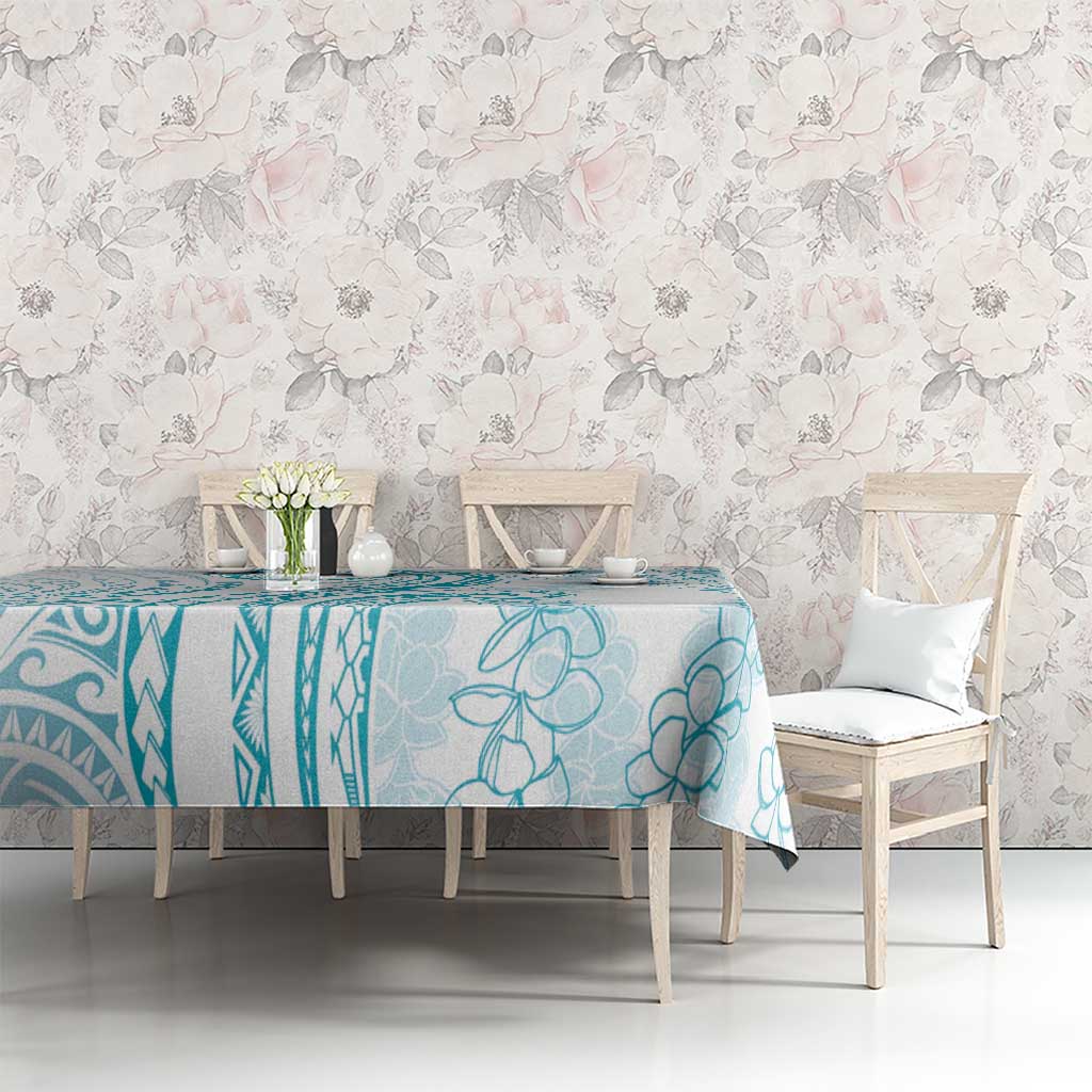 Polynesia Plumeria Lei Tablecloth White Turquoise Curves Motif