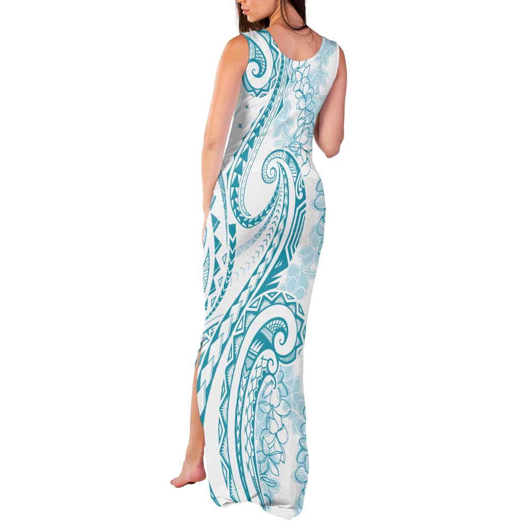 Polynesia Plumeria Lei Tank Maxi Dress White Turquoise Curves Motif