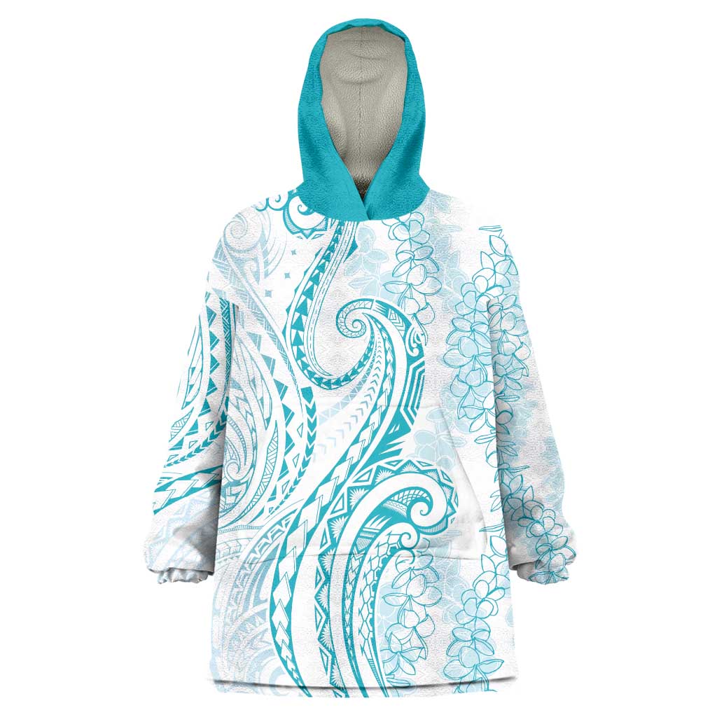 Polynesia Plumeria Lei Wearable Blanket Hoodie White Turquoise Curves Motif LT7 One Size Turquoise - Polynesian Pride