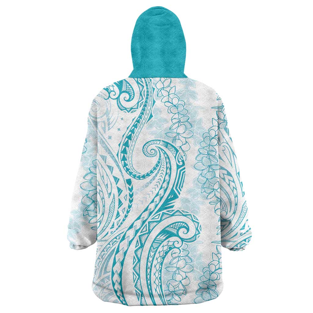 Polynesia Plumeria Lei Wearable Blanket Hoodie White Turquoise Curves Motif