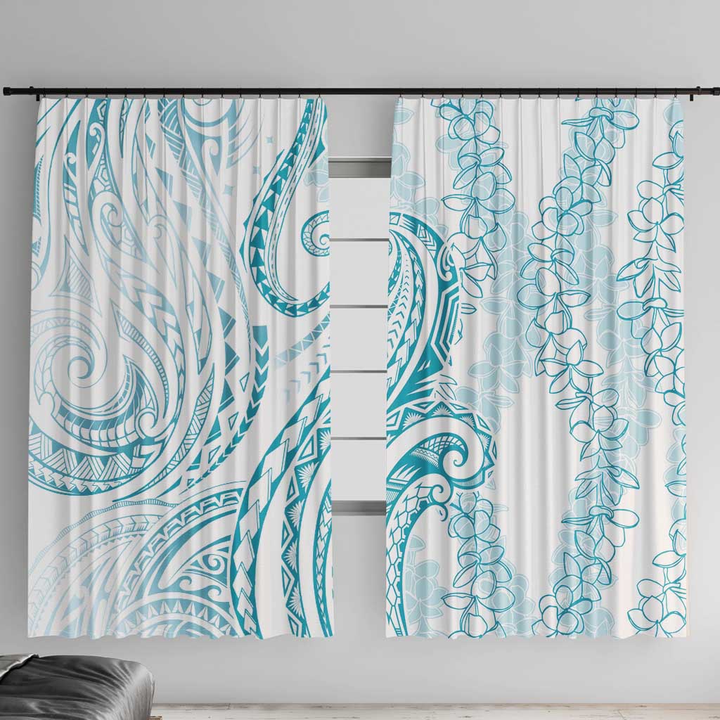Polynesia Plumeria Lei Window Curtain White Turquoise Curves Motif LT7 With Hooks Turquoise - Polynesian Pride