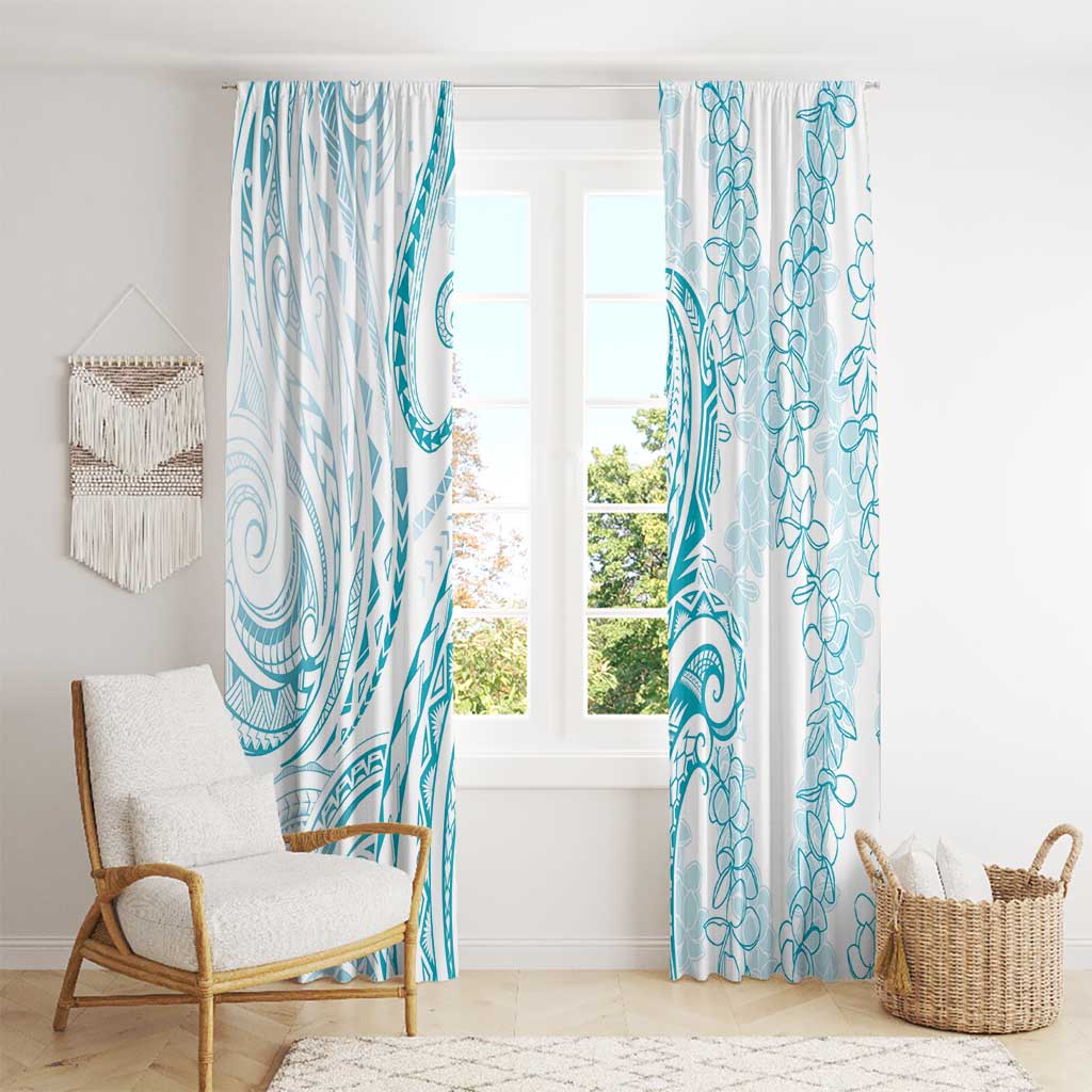 Polynesia Plumeria Lei Window Curtain White Turquoise Curves Motif