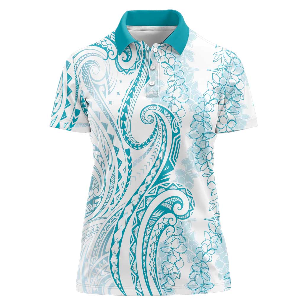 Polynesia Plumeria Lei Women Polo Shirt White Turquoise Curves Motif