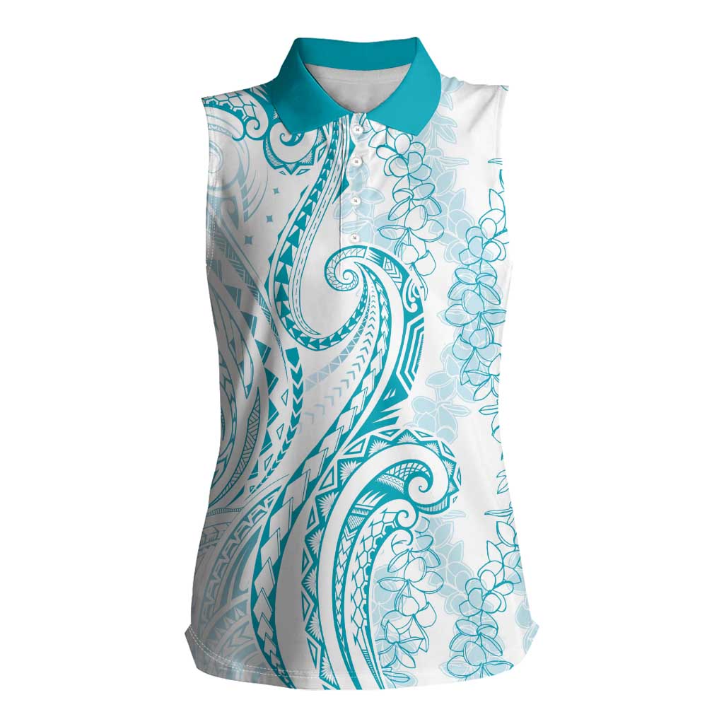 Polynesia Plumeria Lei Women Sleeveless Polo Shirt White Turquoise Curves Motif LT7 Female Turquoise - Polynesian Pride