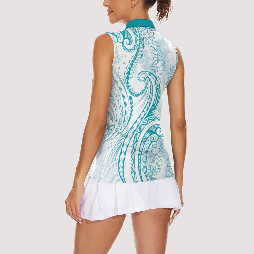 Polynesia Plumeria Lei Women Sleeveless Polo Shirt White Turquoise Curves Motif