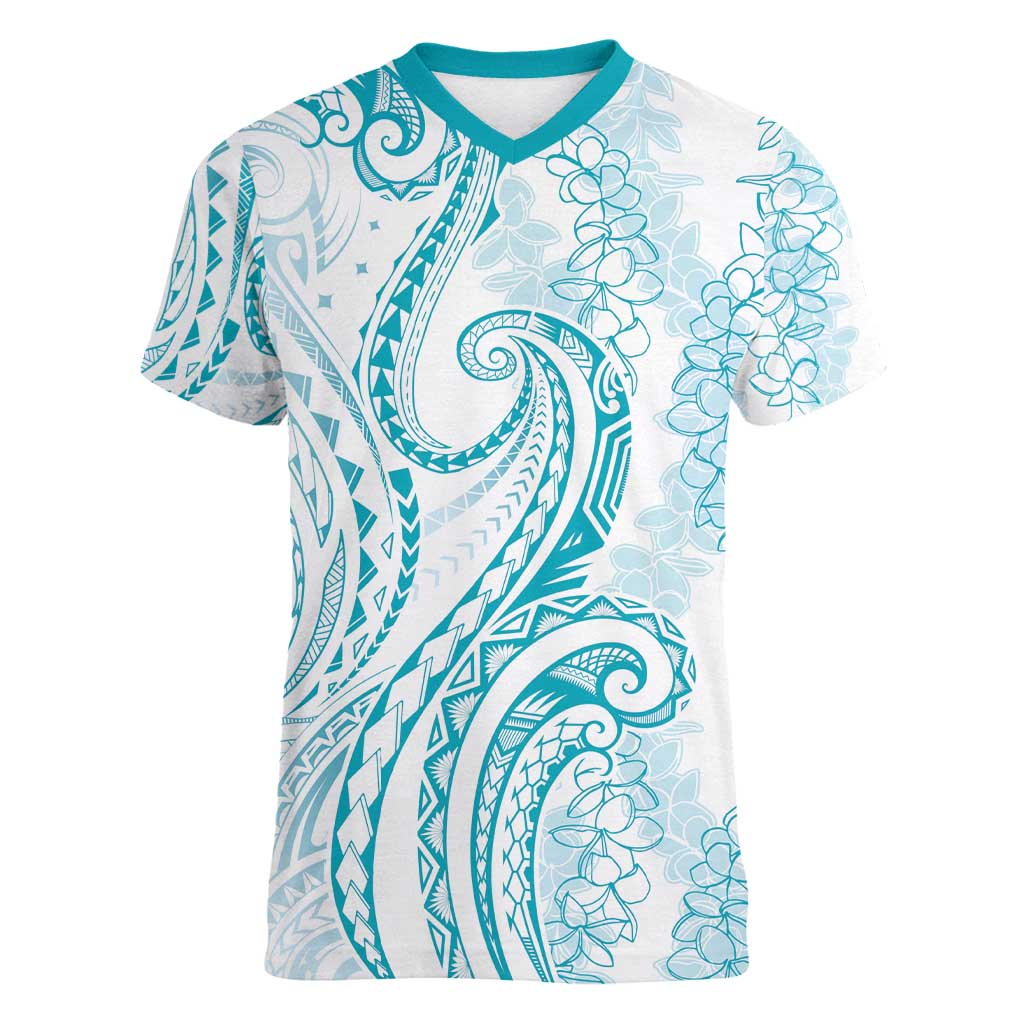 Polynesia Plumeria Lei Women V-Neck T-Shirt White Turquoise Curves Motif LT7 Female Turquoise - Polynesian Pride