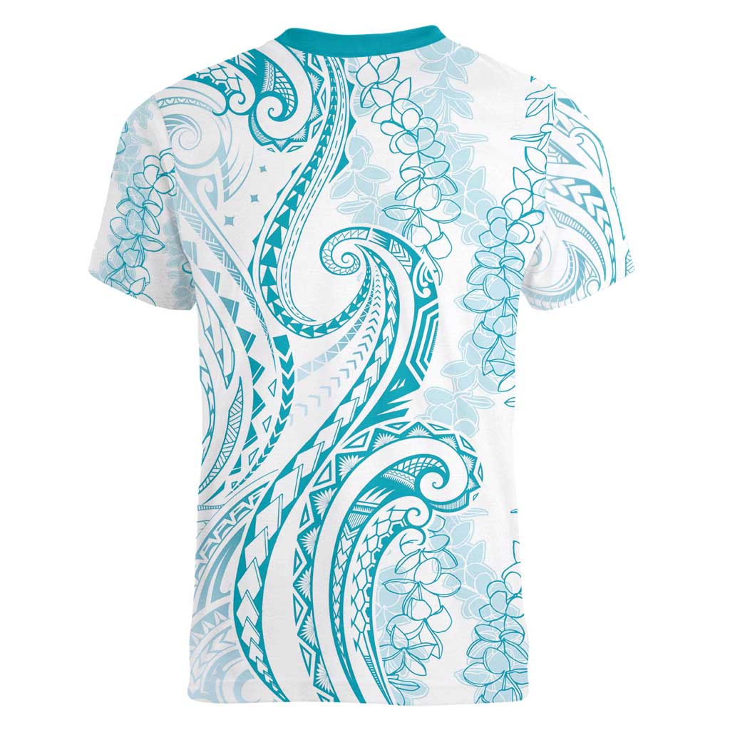 Polynesia Plumeria Lei Women V-Neck T-Shirt White Turquoise Curves Motif