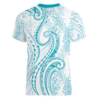 Polynesia Plumeria Lei Women V-Neck T-Shirt White Turquoise Curves Motif