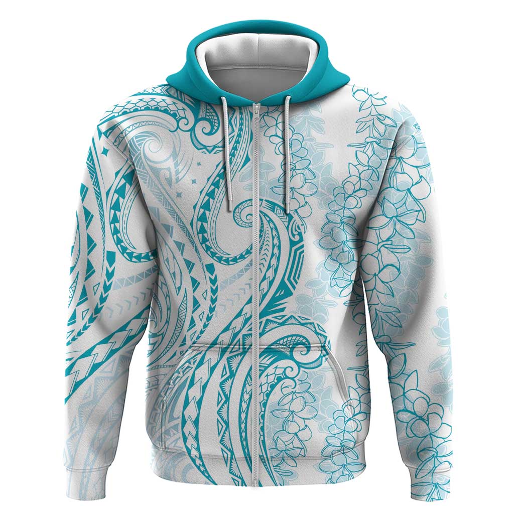 Polynesia Plumeria Lei Zip Hoodie White Turquoise Curves Motif LT7 Zip Hoodie Turquoise - Polynesian Pride