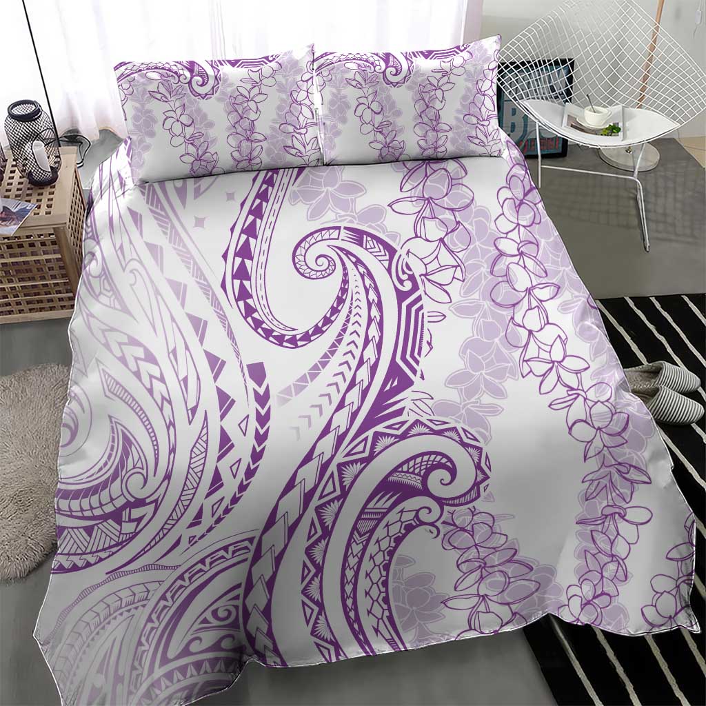 Polynesia Plumeria Lei Bedding Set White Violet Curves Motif