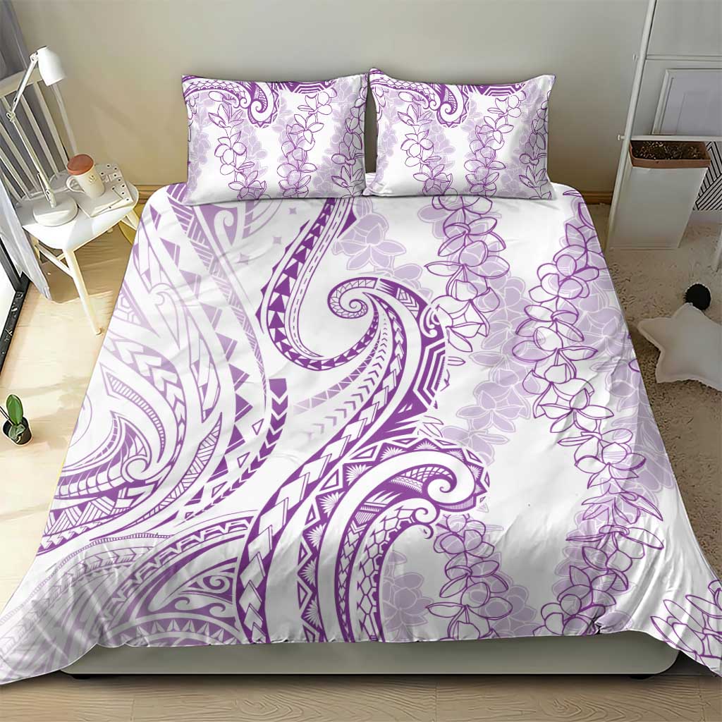 Polynesia Plumeria Lei Bedding Set White Violet Curves Motif