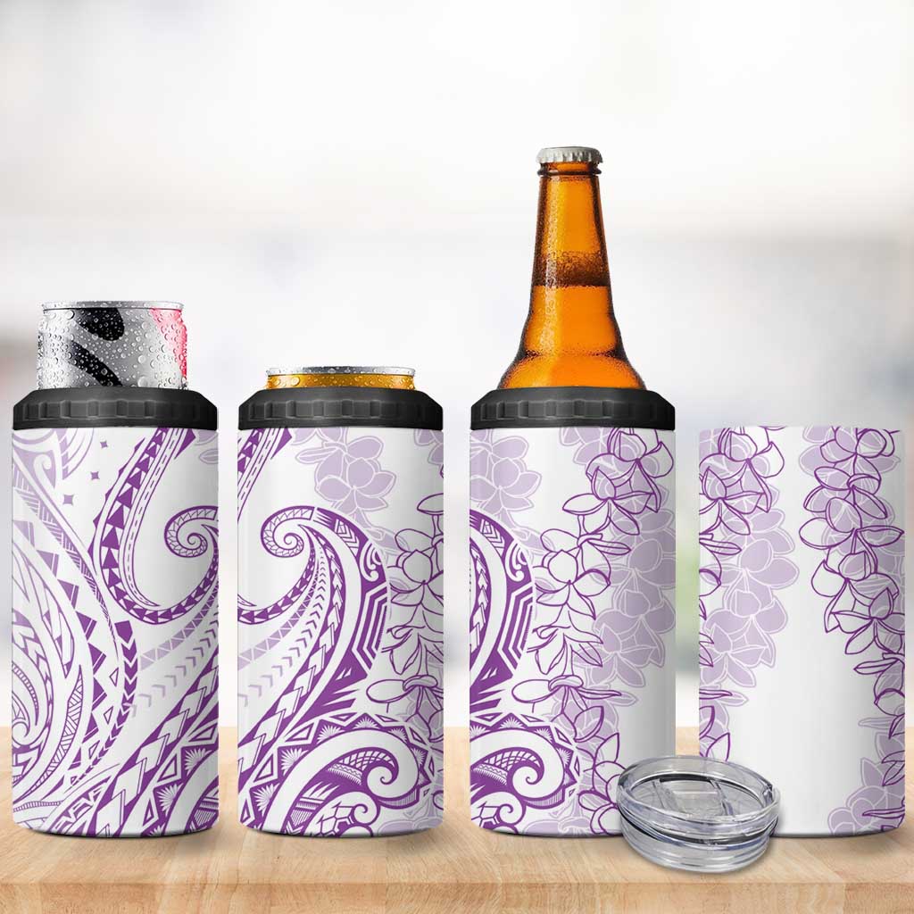 Polynesia Plumeria Lei 4 in 1 Can Cooler Tumbler White Violet Curves Motif